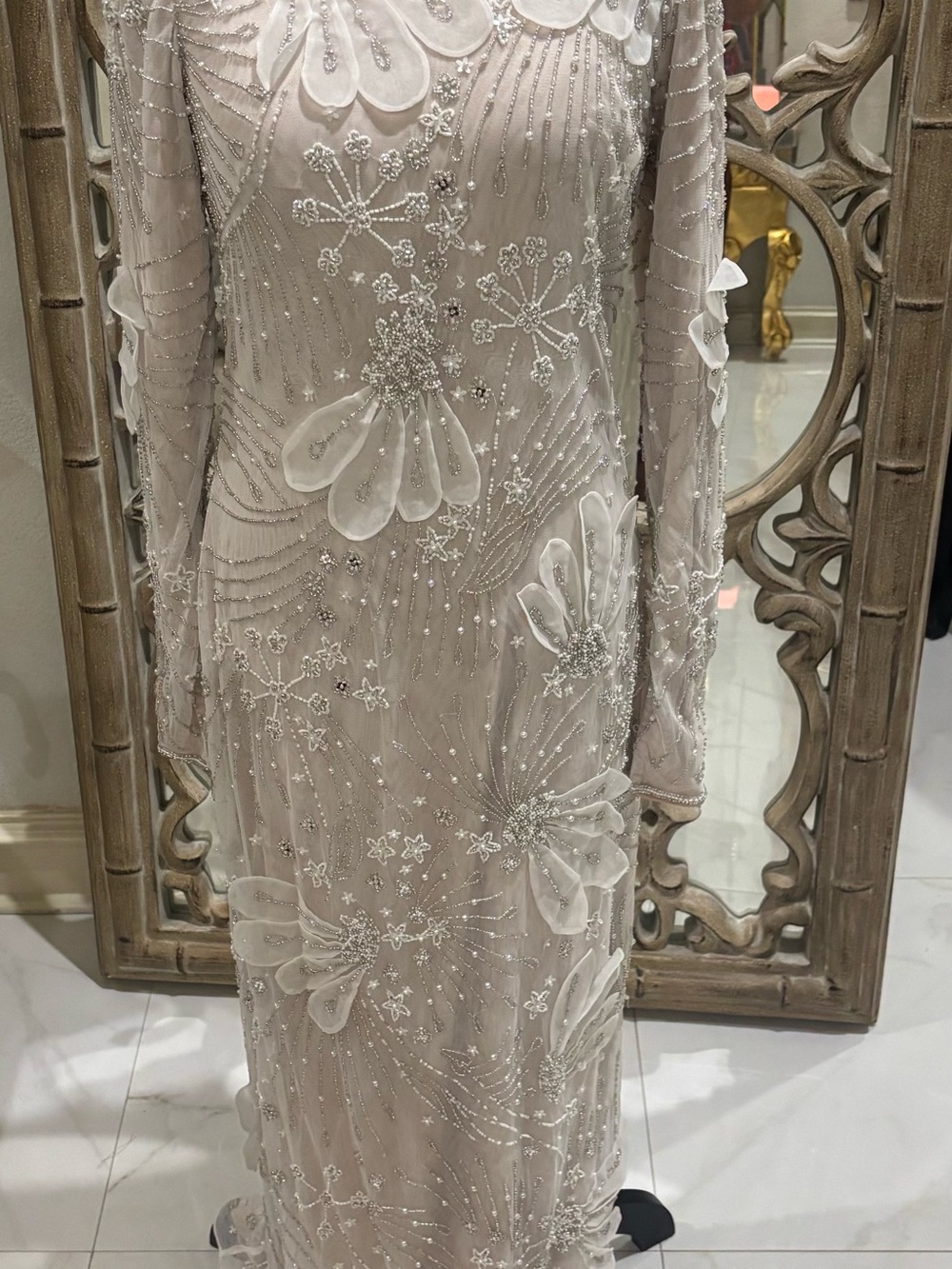 BHLDN Embellished Long-Sleeve Beaded Gown in Cream
